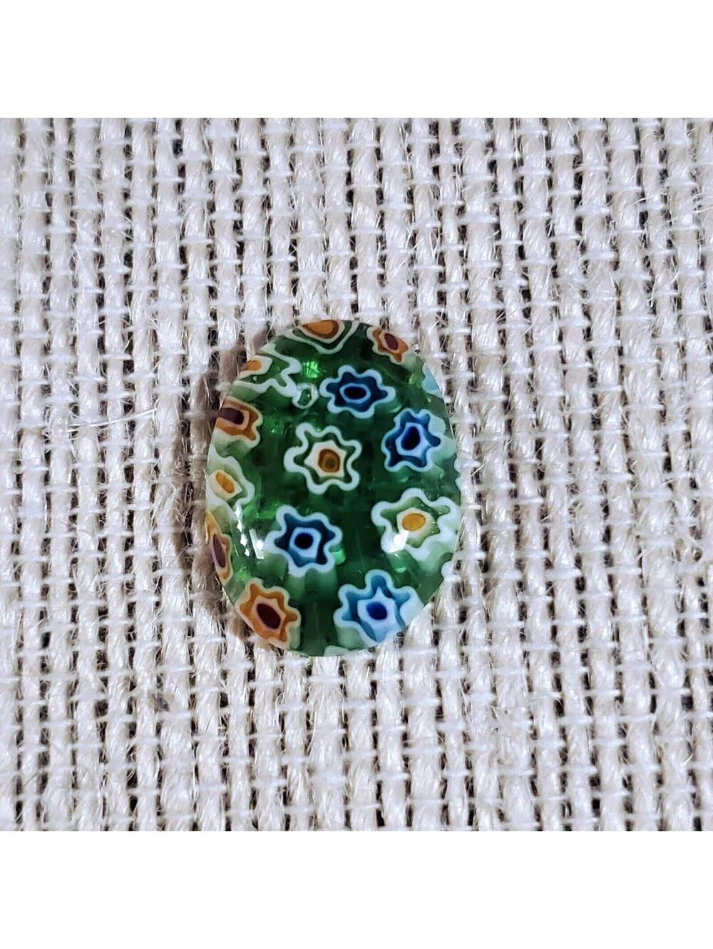 Millefiori Art Glass Cabochons 18x13mm Oval Green Multi White Flowers 2 pcs